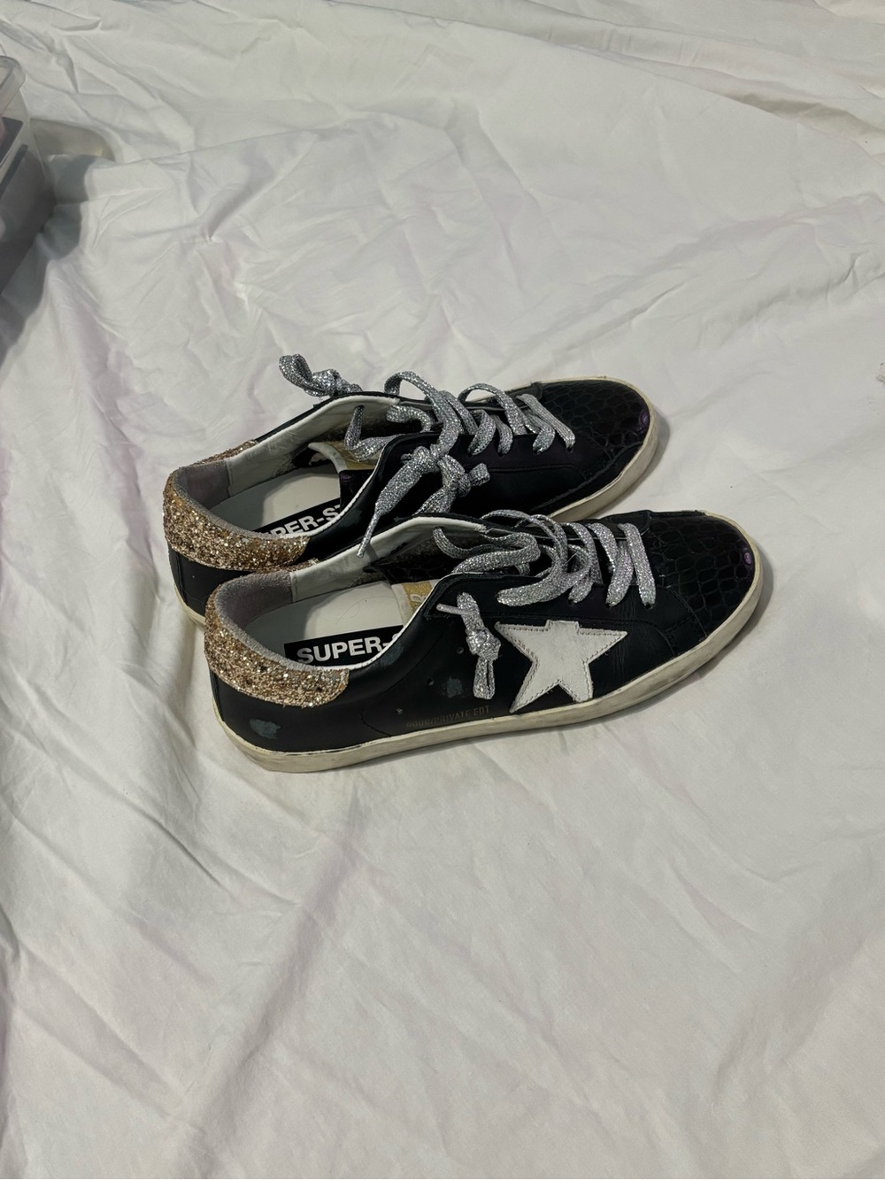 Golden Goose Black Sneakers with White Star and Gold Glitter Heel